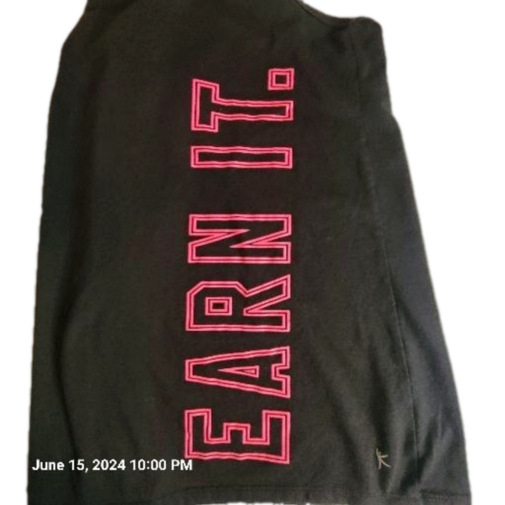 DANSKIN NOW, Black, racerback tank top with "Earn It" in hot pink. Sz.L - Picture 4 of 7